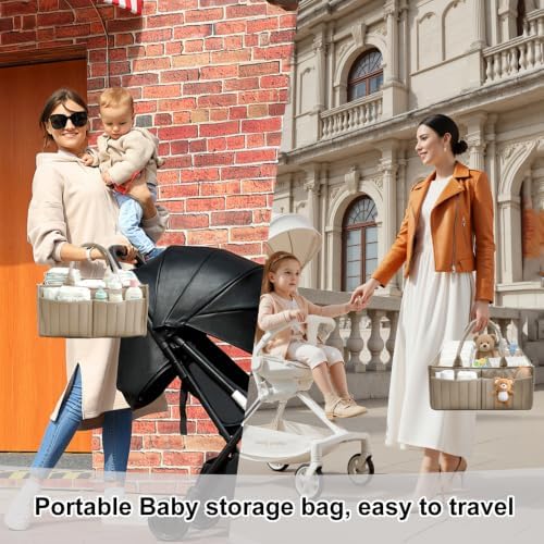 Baby Diaper Caddy Organizer,Portable Large Capacity Nursery Storage Basket,Multifunctional Nursery Diaper Holder,Capacity Waterproof Storage Bin for Infant Diapers,Gift for Baby Shower,khaki - Image 3