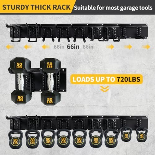 66'' Heavy-Duty Garage Tool Organizer Wall Mount – 720lbs Capacity Metal Rack with Adjustable Hooks for Rake, Broom, Shovel, Snowboard & Garden Tools - Image 5