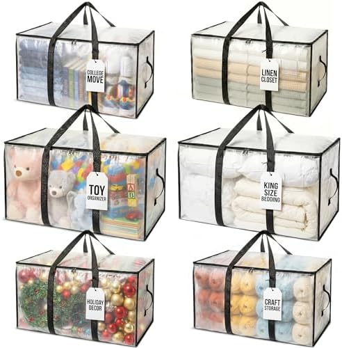 ClearSpace Heavy Duty Moving Bags - Water Resistant Storage Bags with Backpack Straps, Zippers and Handles - Large Moving Boxes for College Dorm, Travel, Closet Organization - 6 Pack, Clear by ClearSpace