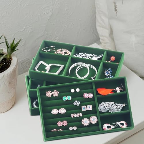 Jewelry Trays for Drawers, Set of 8 Stackable Velvet Jewelry Tray Inserts for Rings, Earrings, Necklaces, Bracelets – Fits Most Dresser/Closet Drawers, Non‑Slip Lined, Green - Image 2