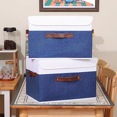 ANMINY Fabric Storage Box Bins with Lids, Blue White, 15"x10"x10", 2 Pack - Image 6