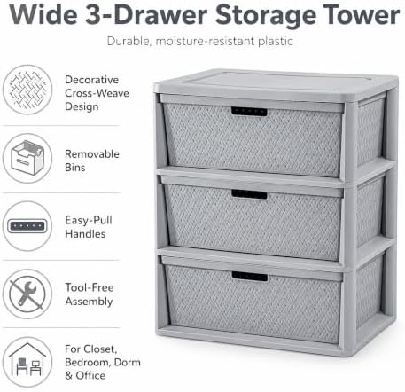 Wide 3-Drawer Plastic Storage Tower, Cross-Weave Floor Cabinet, Gray - Image 3