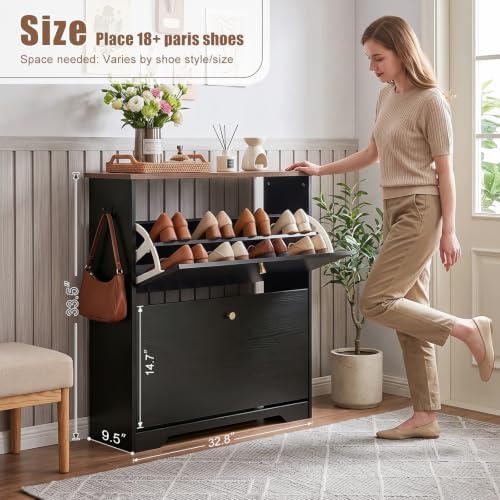 Nicetree Shoe Cabinet, 2 Flip Drawers Slim Black Walnut Top Entry Storage - Image 2