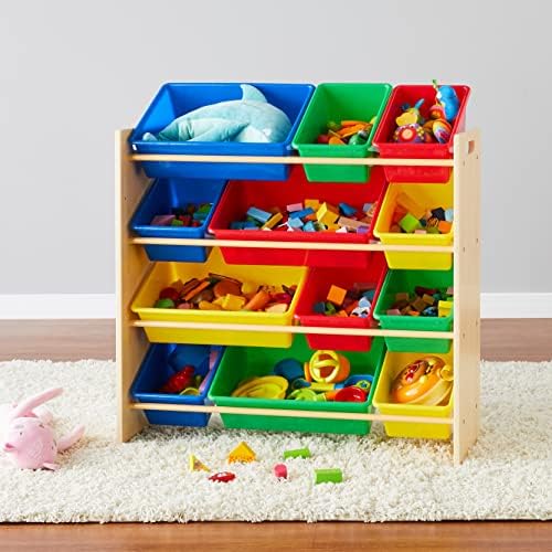 Amazon Basics Kids Toy Storage Organizer With 12 Plastic Bins, Natural Wood, Multicolor, for Bedroom and Playroom, 33.85"D x 12.79"W x 35.42"H - Image 6