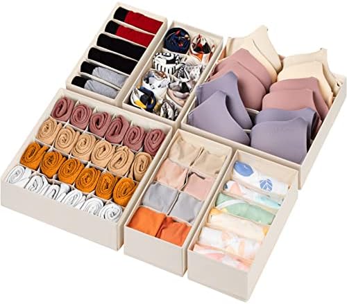 Criusia 6 Pack Sock Underwear Drawer Organizer Dividers, 58 Cell Foldable Fabric Dresser Closet Organizers and Storage Bins for Clothing, Baby Clothes, Bra, Panty, Scarf, Ties (Beige) by Criusia
