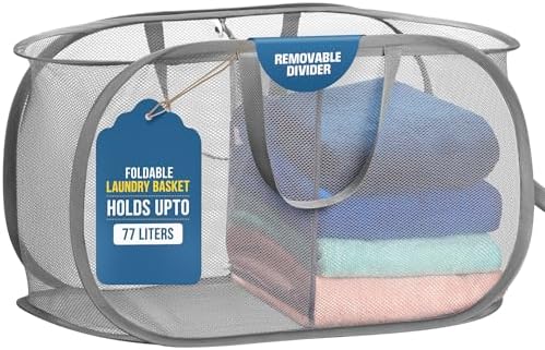 Handy Laundry Collapsible Laundry Basket, 2-Compartment Mesh Pop Up Hamper with Handles – Foldable, Space-Saving Dirty Clothes Organizer for Dorm, Travel, Laundry Room, Grey by Handy+Laundry