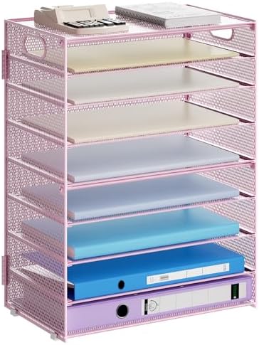 Marbrasse Paper Organizer Letter Tray, 9 Tier Mesh File Organizer with Handle, Paper Sorter Desk Organizer for Home Office Supplies - Pink by Marbrasse