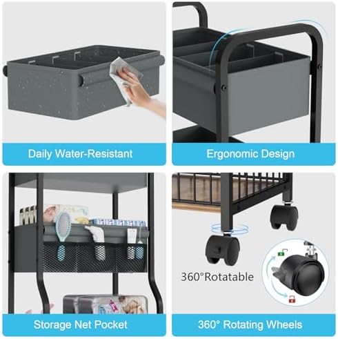 3-tier Baby Diaper Caddy Organizer and Storage Cart with 4+3 Dividers, Metal Utility Cart with Lockable Wheels for Nursery, Bedroom, Bathroom, Black - Image 6
