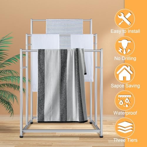 47.6 Inch Tall Free Standing Towel Racks 3 Tier Pool Towel Rack Outdoor Oversized Floor Bath Towel Drying Valet Holder Blanket Quilt Rack Stand for Bathroom Bedroom Beach Hot Tub Gym Pool Area Outside - Image 3