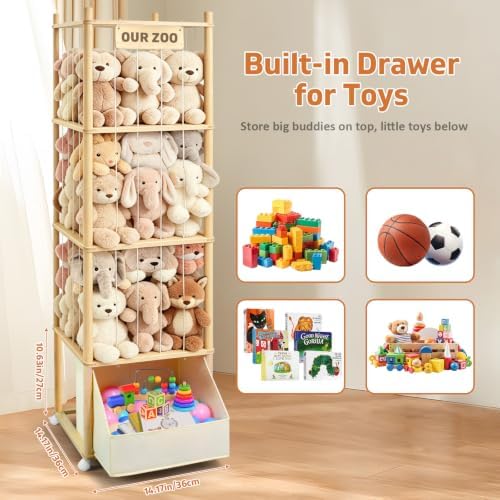 Large Stuffed Animal Storage with Toys Tray, Wood Stuffed Animal Zoo Storage with Brake Wheels, Large Capacity Stuffed Animal Holder, Perfect for Nursery Playroom Kidroom Bedroom - Image 7