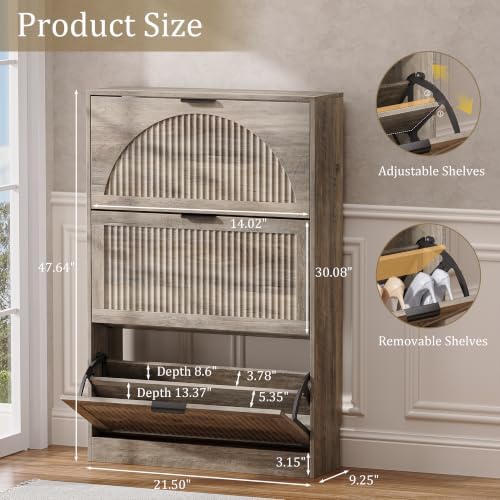 Fluted Shoe Storage Cabinet for Entryway, 3 Flip Drawers, Grey - Image 2
