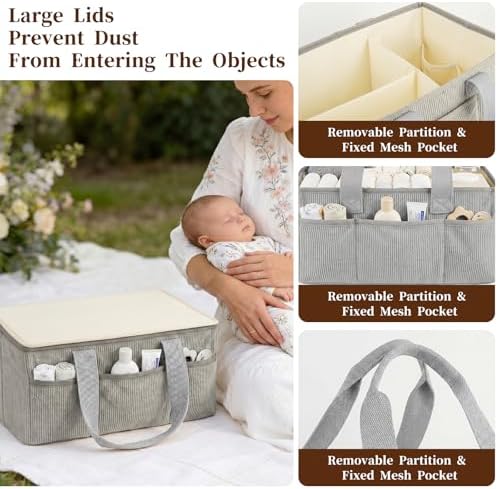 Baby Diaper Caddy Organizer with Portable Changing Mat-Portable Baby Organizers and Storage, Gift for Baby Shower, Corduroy Baby Essentials Organizer with Removable Dividers (Gray) - Image 7