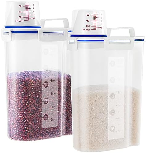 2 Pcs 5.5Lbs Rice Storage Container, Rice Container with Measuring Cup & Pour Spout, Kitchen Plastic Airtight Container for Cereal, Grain, Flour, Sugar, Oatmeal, Dry Pet Dog Food by HNNJCK