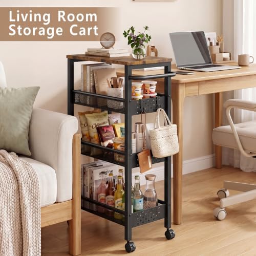 Slim Storage Cart with Wheels,9.1-inch 4 Tier Narrow Storage Cart with Wheels, Metal Kitchen Bathroom Laundry Organizer Shelf with Wood Top and Handle, Black - Image 5