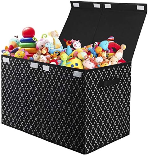 Toy Chest Box Storage Bins for Boys Girls, Kids Large Collapsible Sturdy Container Organizer with Fabric Flip-Top Lid & Handles for Clothes, Blanket, Nursery, Playroom, Bedroom 24.5x13x16 (Black) by VERONLY