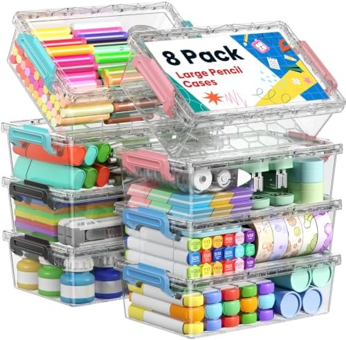 BiuLeon 8 Pack Large Pencil Box Set, Plastic Clear Pencil Case Marker Organizer, Crayon Box Craft Organizers, Stackable Storage Containers with Lid for Pen, Art and Craft Supplies(Multicolor) by Unknown