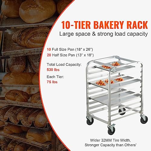 VEVOR 10-Tier Bun Pan Rack, Aluminum Racking Trolley Storage with Brake Wheels, Commercial Bakery Racks for Half & Full Sheet, Speed Rack For Kitchen Home, Bread Baking Equipment, 26"L x 20.3"W x 39"H - Image 3