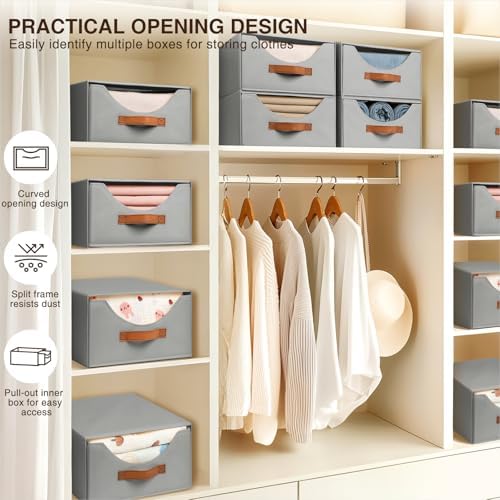 Homsorout Stackable Storage Drawers - Collapsible Storage Bins with Drawers, 6 Pack Closet Shelf Organizer Basket, Fabric Pull Out Organizer for Bedroom, Living Room, Dorm, Grey - Image 5