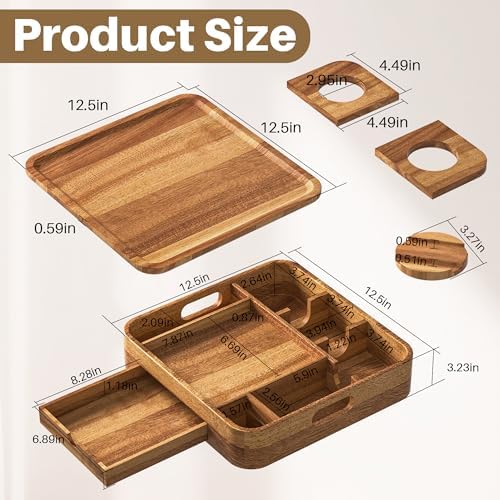 Couch Cup Holder 2-Tier Acacia Wooden Trays with Drawer 12.5 * 12.5 in - Image 2