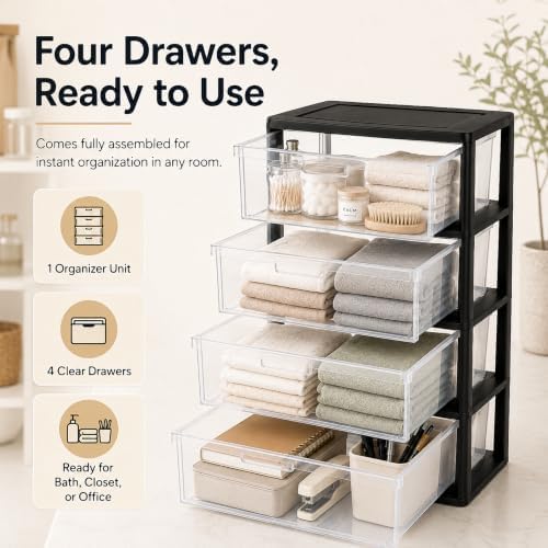 4 Drawer Storage Organizer, 4-Tier Wide Clear Plastic Drawer Storage(Black) - Image 7