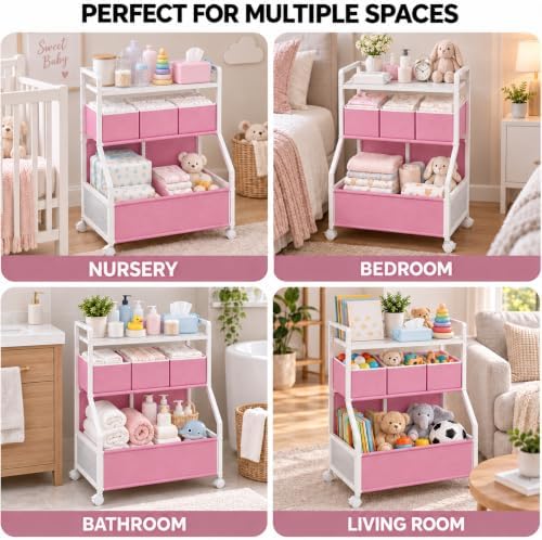 Rolling Diaper Cart with Drawers,Baby Essentials Storage Organizer Station - Image 7
