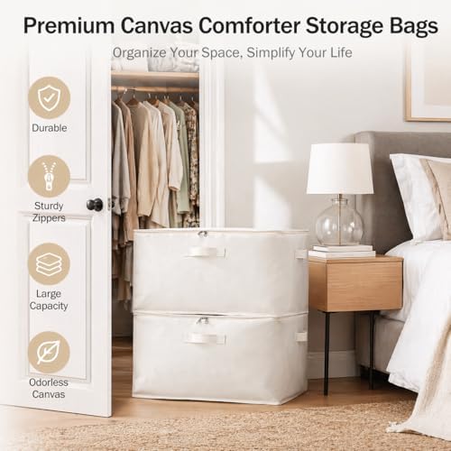 3 Pack Canvas Comforter Storage Bags for Clothes & King Comforters, Natural - Image 2