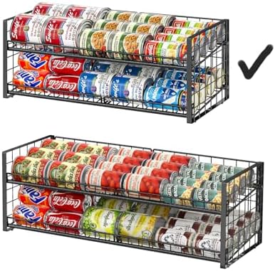 2-Tier Stackable Can Rack Organizer for Pantry Shelf, Long-Size Adjustable Can Holder for Kitchen Organization,Heavy Duty Can Dispenser for Canned Food Soup Goods up to 50 in Cabinet storage, Black by JKsmart