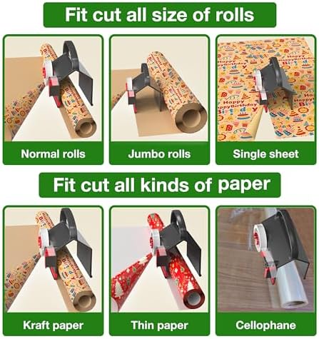 Wraprocut (2-Pack) Wrapping Paper Cutter & Tape Dispenser Dual Use with 4 Tapes，2 Replace Blades Kit for Christmas Gift Wrap Cutter Tool Paper Roll Holder Tube Sliding Slicing for Birthday Holiday. - Image 5