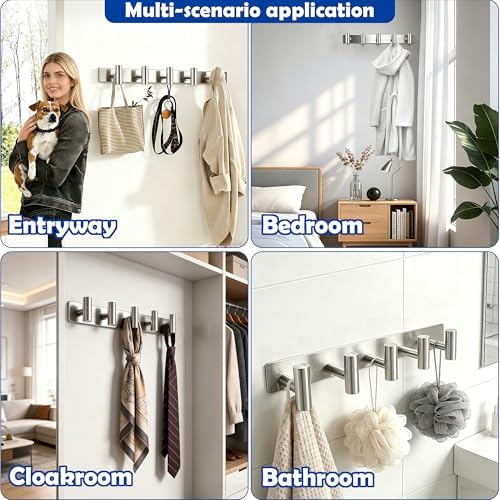 Brushed Nickel Coat Rack Wall Mount - 5 Hooks, Heavy Duty Stainless Steel Wall Hooks for Towels, Coats, Robes, Bags, Hats, Keys, Wall Coat Hanger for Bathroom, Entryway, Kitchen, Hotel, Bedroom,Office - Image 5