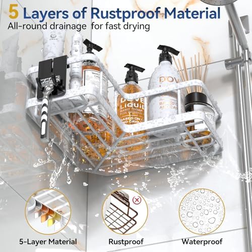 YASONIC Corner Shower Caddy Adhesive, 100% Rustproof Shower Organizer with Soap and Troothbrush Holder, No Drill Shower Shelf for Inside Shower, Wall-Mounted Shower Storage for Homes (5 Pack, White) - Image 5