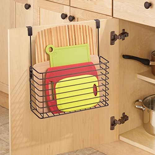 mDesign Over The Cupboard Hanging Storage Basket – Metal Bakeware Organiser and Cutting Board Holder – Excellent Kitchen Storage Solution – Bronze - Image 3