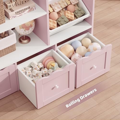 HITHOS 55" W Kids Toy Storage Organizer with 10 Toy Box & Book Shelf, Pink - Image 5