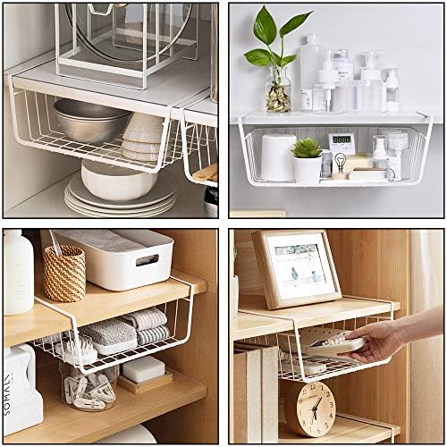 4 Pack Under Shelf Basket, Dveda Durable Metal Wire Rack Hanging Shelf Storage Basket, Under Cabinet Organizer Shelf for Kitchen/Pantry/Bathroom/Desk - Slide Arms Height:1.45 in(White) - Image 4
