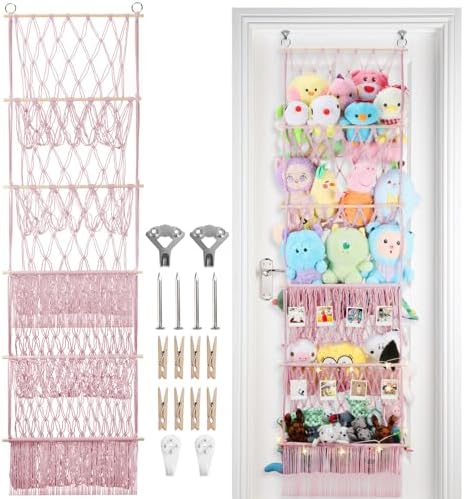 5 Tier Stuffed Animal Storage Shelf Net, 17x61'' Plushie Storage, Pink by iHansee