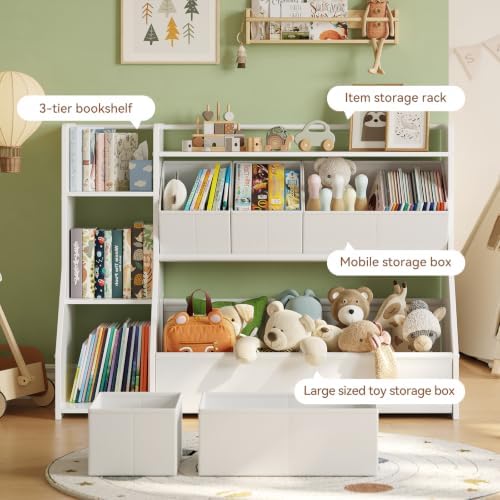 FOUCSSOMEI Kids Toy Storage Organizer with Bookshelf, 3-Tier Wooden Toddler Toy and Book Storage Rack with 3 Removable Bins for Living Room Playroom - Image 4