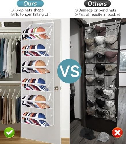 AOODA Clear Over the Door Hat Racks for Baseball Caps, Large Holds up to 72 Caps Hat Storage Organizer for Closet Wall, Deep Pockets Hanging Snapback Holder Shelves with 3 Hooks, White - Image 2