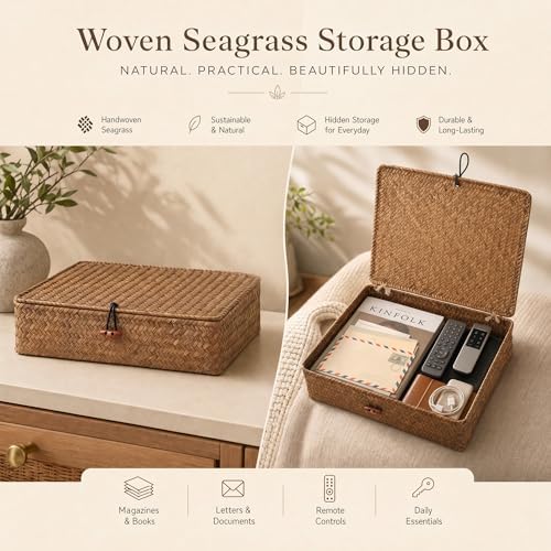 YANGQIHOME Set of 2 Seagrass Baskets with Lids, Rectangular Woven Storage Baskets, Natural Wicker Basket Boxes for Coffee Table, Shelf, Bathroom Counter & Closet Decor (Coffee, Set of 2) - Image 6
