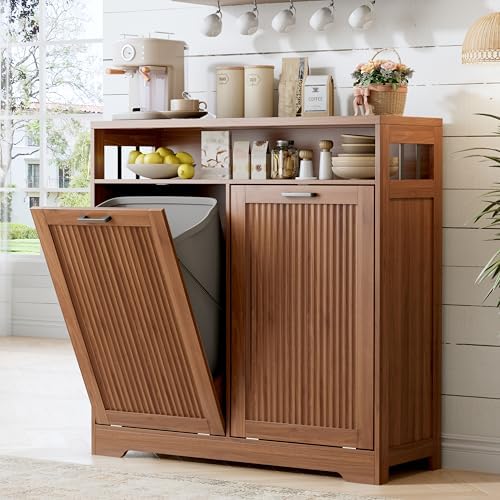 Pet-Proof Double 13 Gallon Tilt Out Trash Can Cabinet with Open Storage – Hide Garbage & Recycling Bins to Keep Your Kitchen Clean and Organized,Walnut by JMHDYG