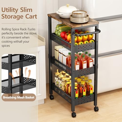 Slim Storage Cart with Wheels,9.1-inch 4 Tier Narrow Storage Cart with Wheels, Metal Kitchen Bathroom Laundry Organizer Shelf with Wood Top and Handle, Black - Image 7