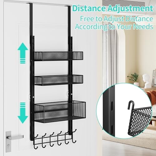 HapiRm Over The Door Hanger with Coat Hooks and 3 Baskets, Rustproof Over The Door Hooks, Storage Organizer for Hats, Towels - Black - Image 2