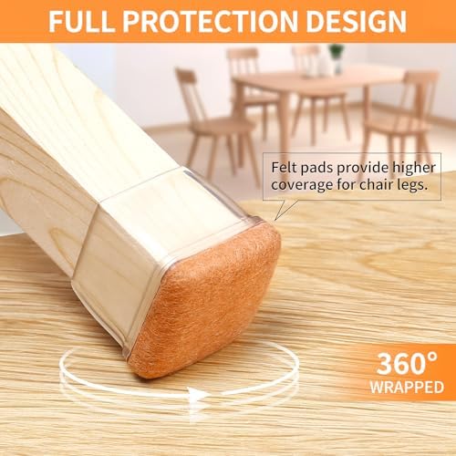 Ezprotekt 24 Pcs Clear Square Chair Leg Floor Protectors with Felt, Silicone Felt Furniture Pads for Hardwood Floor, Dining Table Leg Caps Covers No Scratches and Noise (L Fit: 1.1" - 1.34") - Image 3