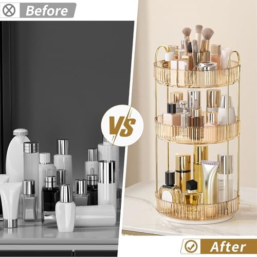 360° Rotating Makeup Organizer, Large-Capacity Skincare Make Up Storage 3 Tier Perfume Organizers Cosmetic Dresser Organizer with Makeup Brush Holder, Fits Bedroom, Bathroom, Vanity Shelf Countertop - Image 3