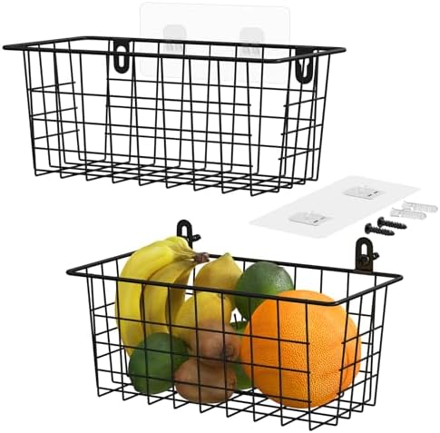 MaraFansie Hanging Kitchen Baskets Wire Storage Basket Adhesive and Screws Basket Over the Cabinet Door Organizer with Adhesive Strips and Screws Accessories, 2 Installations, 2 Pack by MakeStorageMoreFun