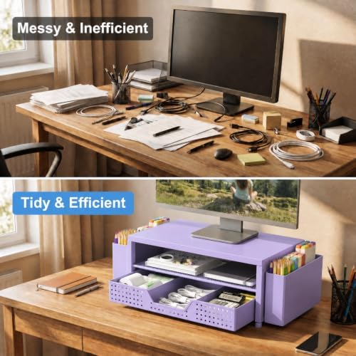 ECOLOVI Desk Organizer and Accessories, 2-Tier Computer Monitor Stand Rise with Storage Drawer & 2 Pen Holders, Laptop & Printer Stand for Desktop, Workspace Organizers for Office Supplies (Purple) - Image 5