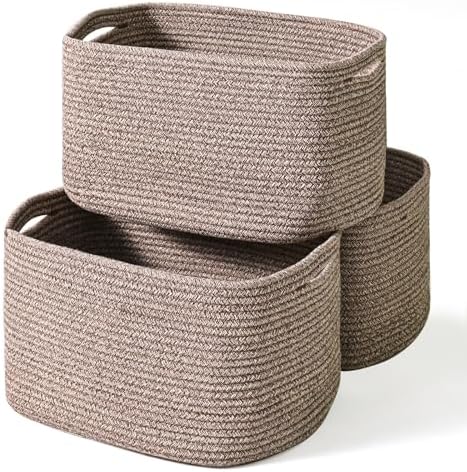 ICERZCZ Storage Baskets for Organizing Shelves, Woven Cotton Rope Bins for Baby Nursery Organization, Book Toy Towel Organizer, 15"x11"x9.5", 3 Packs, Dark Brown by ICERZCZ