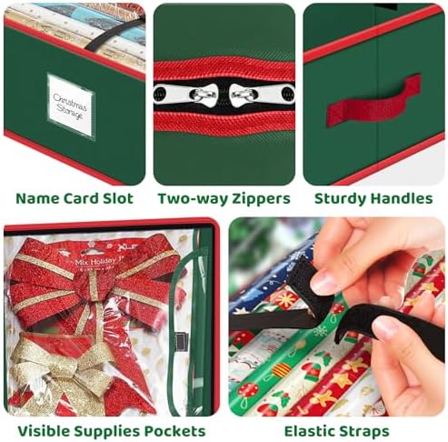 Fabspace Christmas Wrapping Paper Storage Containers, 40 Inch Gift Wrap Organizer, Visible Supplies Pockets for Xmas Accessories, Underbed Storage for Christmas Decorations, Green - Image 5