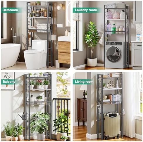 Kalrin Over The Toilet Storage with X Shape Side Guardrail, 3-Tier Over Toilet Storage Rack with Drain Basket, Freestanding Bathroom Organizer for Balcony Laundry, Grey-White - Image 3