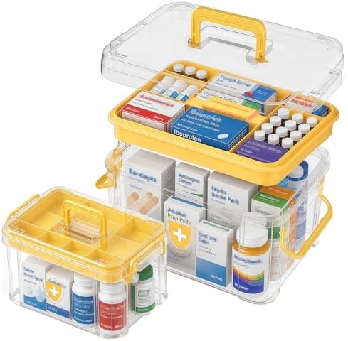 2 Pack Clear Medicine Organizer Box with Handle, Plastic Medicine Container with Tray First Aid Box Empty, Thickened Medicine Storage Organizer Multipurpose Medication Organizer Storage, Yellow by ANYPROLUS