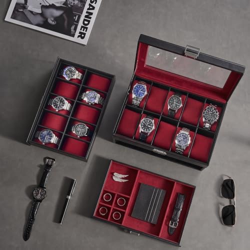 ProCase 3-Layer Watch Box with Glass Lid for Men, 20-Slot, Winered - Image 2