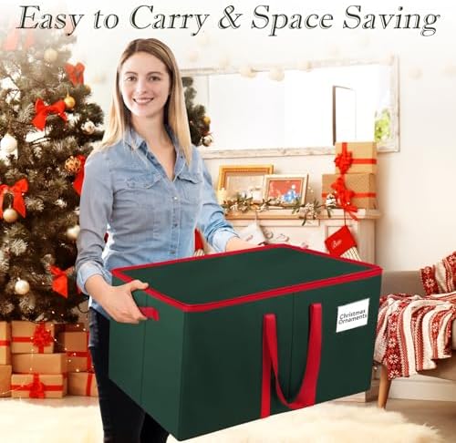RoomHacks Christmas Ornament Storage Box, Store Up to 128 Ornaments, Christmas Storage Container, Dual Zipper & Adjustable, Large Organizer Bin to Protect and Store Holiday Ornaments (Green-2 Pack) - Image 6